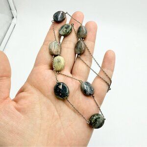 Natural Gemstone Serpentine Silver Tone Beaded Necklace